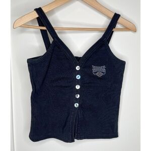 Harley Davidson Black Button Up Tank Top with Logo and Graphic on Back 90s